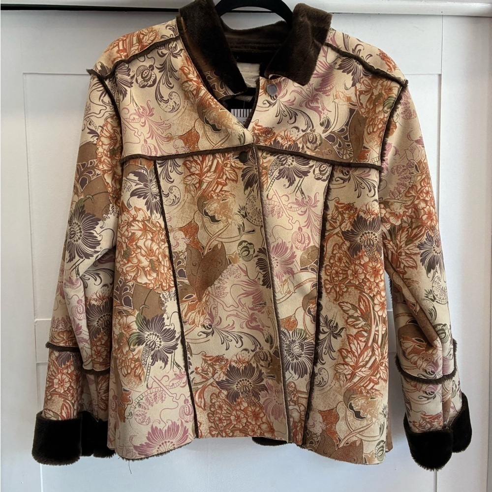 J Jill Jacket Paisley Coat Velvet Velour Fur Trim Faux Suede Floral Soft size M